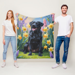 Black Labrador Dog Spring Flowers Painting Fleece Blanket