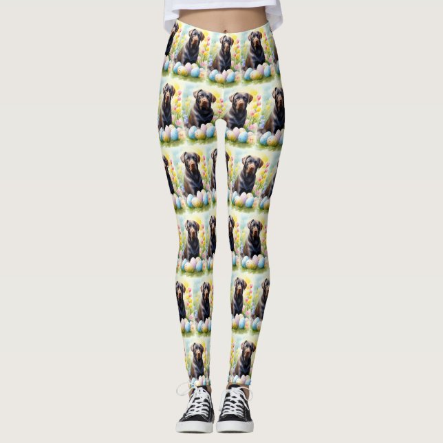 Black Labrador Dog with Easter Eggs Holiday Leggings (Front)