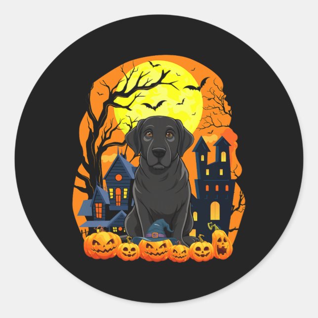 Black Labrador Dog With Pumpkins Funny Scary Classic Round Sticker (Front)