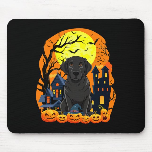 Black Labrador Dog With Pumpkins Funny Scary Mouse Pad (Front)