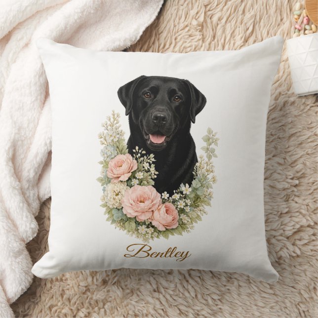 Black Labrador Floral Portrait Cushion (Blanket)