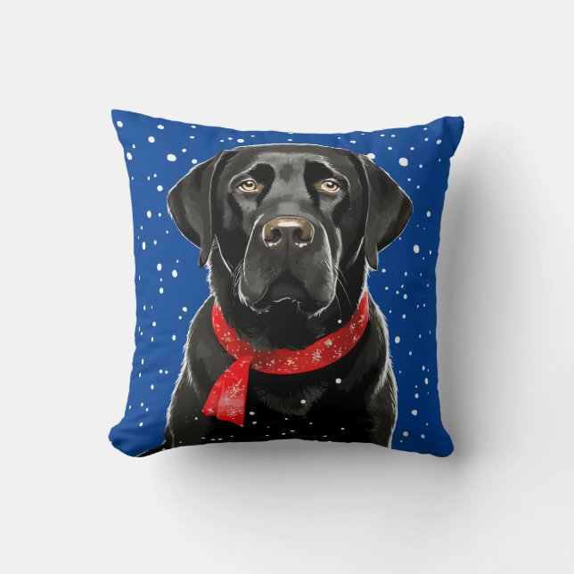 Black Labrador Holiday Blue Winter Throw Pillow (Front)