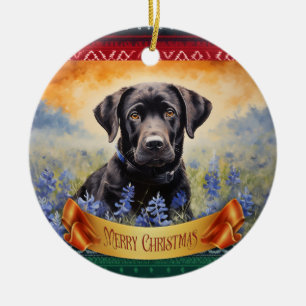 Black Labrador in Bluebonnets Ceramic Tree Decoration