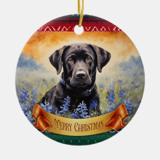 Black Labrador in Bluebonnets Ceramic Tree Decoration (Front)