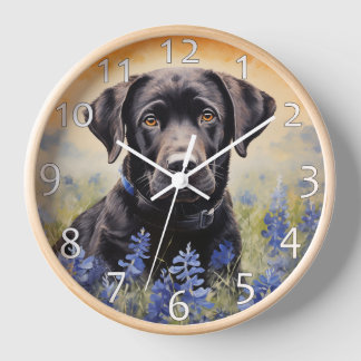 Black Labrador in Bluebonnets Clock