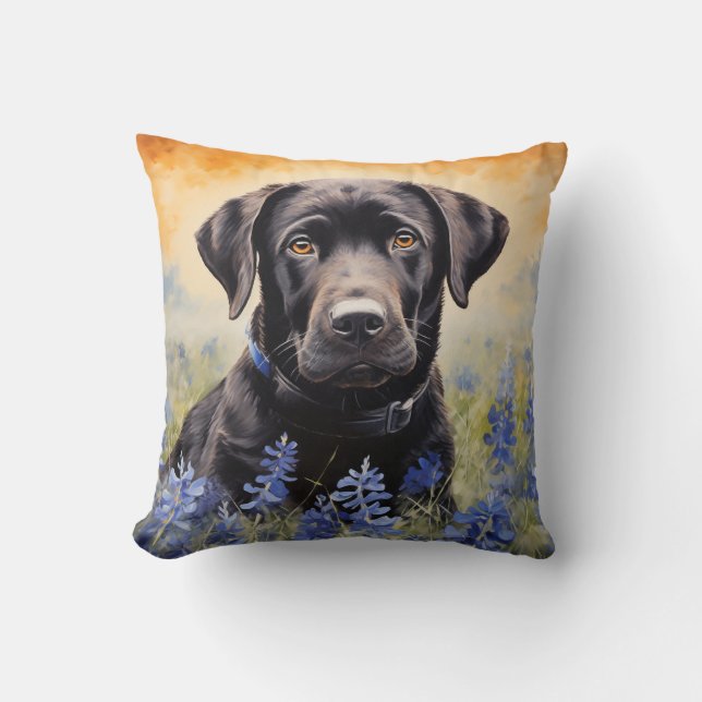 Black Labrador in Bluebonnets Cushion (Front)