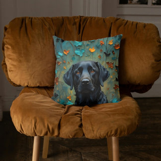 Black Labrador in Leaves Cushion