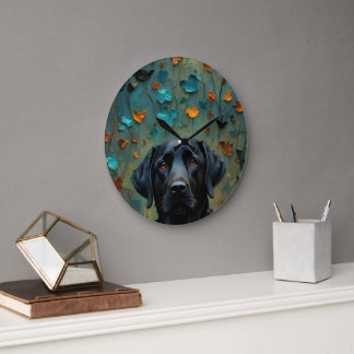 Black Labrador in Leaves Large Clock