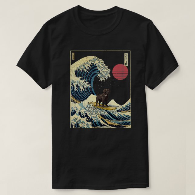 Black Labrador Japanese Kanagawa Wave Funny Surf D T-Shirt (Design Front)