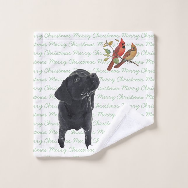 Black Labrador Merry Christmas Cardinals Cute Dog Bath Towel Set (Wash Cloth)