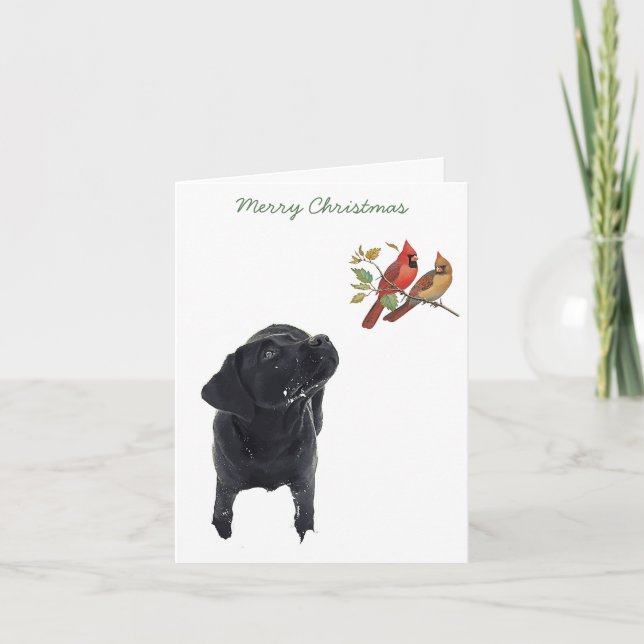 Black Labrador Merry Christmas Cardinals Cute Dog Holiday Card (Front)