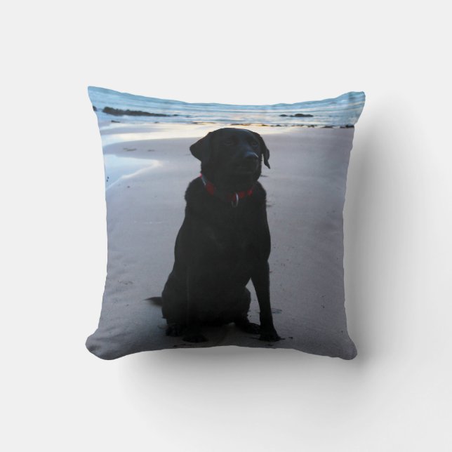 Black Labrador on a beach Cushion (Front)