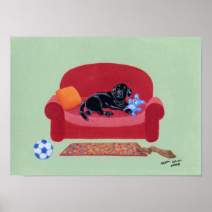 Black Labrador on the Pink Couch Artwork Poster