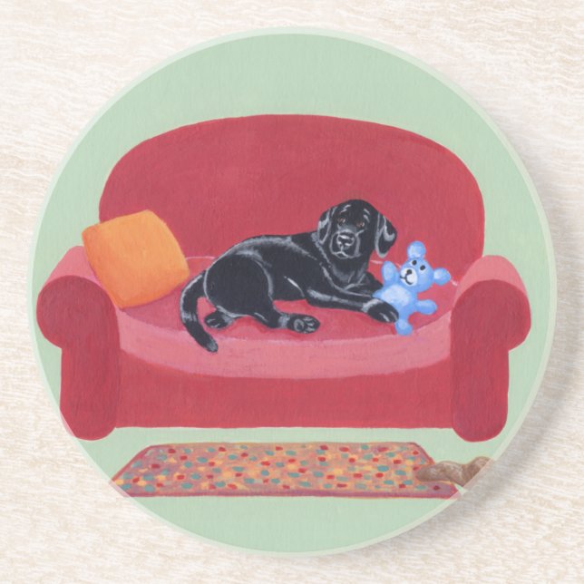 Black Labrador on the pink couch Coaster (Front)