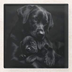 Black Labrador, Parent & Child: Hug of Love Glass Coaster