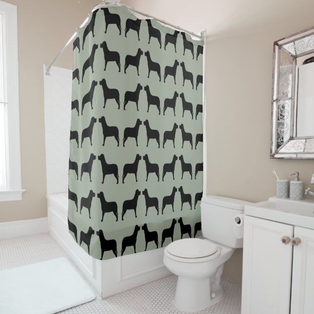 Black Labrador Pattern on a Green Background Shower Curtain (In Situ)