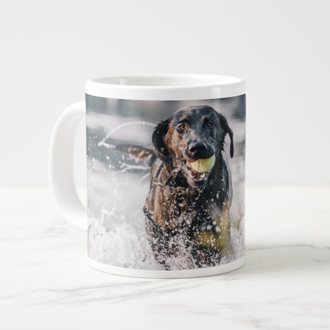 Black Labrador Plays Fetch In Water Large Coffee Mug (Front Left)