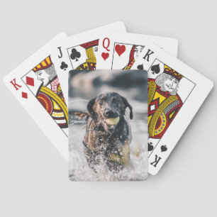 Black Labrador Plays Fetch In Water Playing Cards