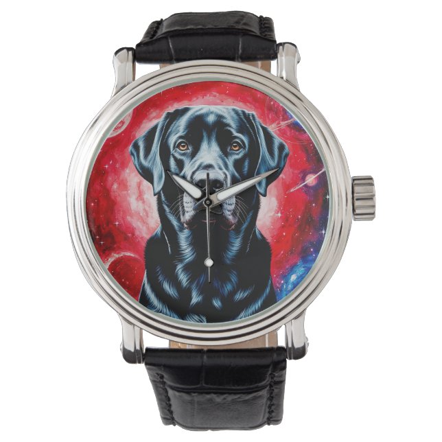 Black Labrador Portrait in a Cosmic Space Watch (Front)