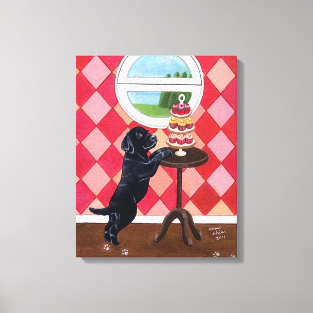 Black Labrador Puppy and Cupcakes Artwork Canvas Print (Front)