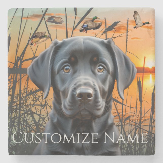 Black Labrador Puppy, Customised Wedding Gift Stone Coaster (Front)