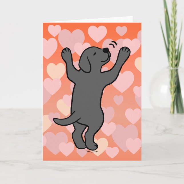 Black Labrador Puppy Hug Cartoon Hearts Card (Front)
