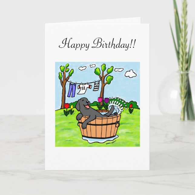 Black Labrador Puppy Pool Cartoon Card (Front)