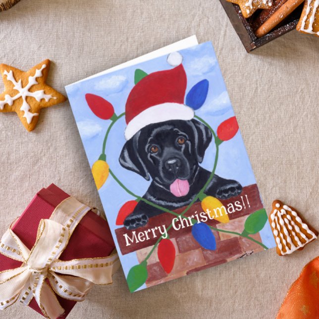 Black Labrador Puppy Santa Christmas Holiday Card (Black Labrador Puppy Santa Christmas Cards for Black Labrador Retriever Owners.  Cute puppy design.)