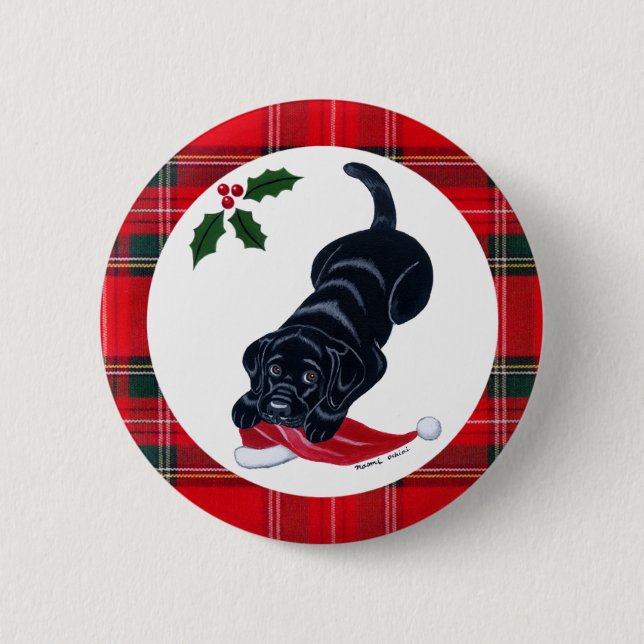 Black Labrador Puppy & Santa Hat Christmas 6 Cm Round Badge (Front)