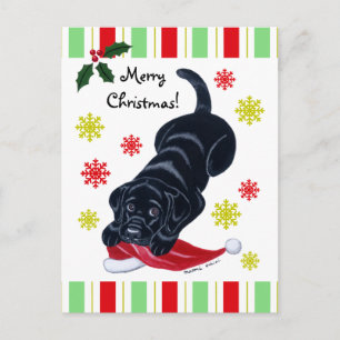 Black Labrador Puppy & Santa Hat Christmas Holiday Postcard