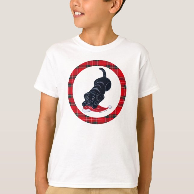 Black Labrador Puppy & Santa Hat Christmas T-Shirt (Front)
