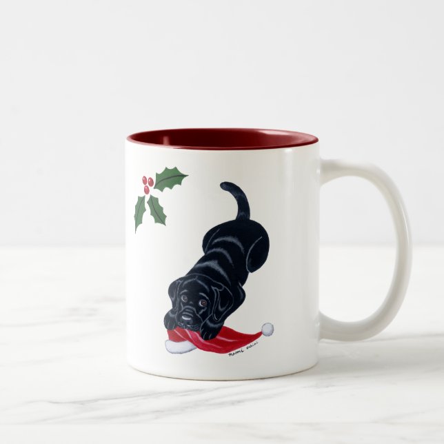 Black Labrador Puppy & Santa Hat Christmas Two-Tone Coffee Mug (Right)