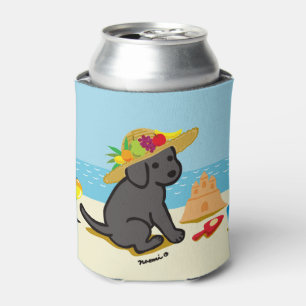 Black Labrador Puppy Straw Hat Cartoon Can Cooler