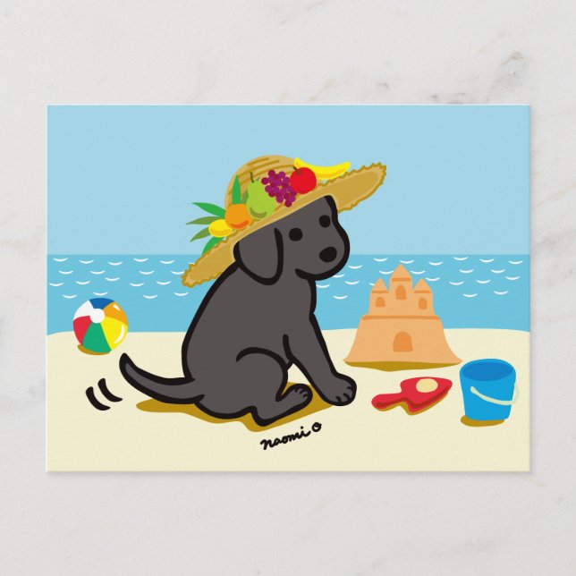 Black Labrador Puppy Straw Hat Cartoon Postcard (Front)