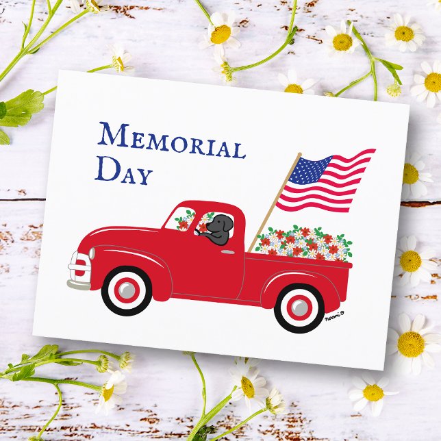 Black Labrador Red Truck Memorial Day Postcard (Black Labrador Memorial Day Postcard for Labrador Owners.  The US Flag and Red Truck design.)