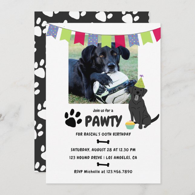 Black Labrador Retriever Birthday photo invite (Front/Back)