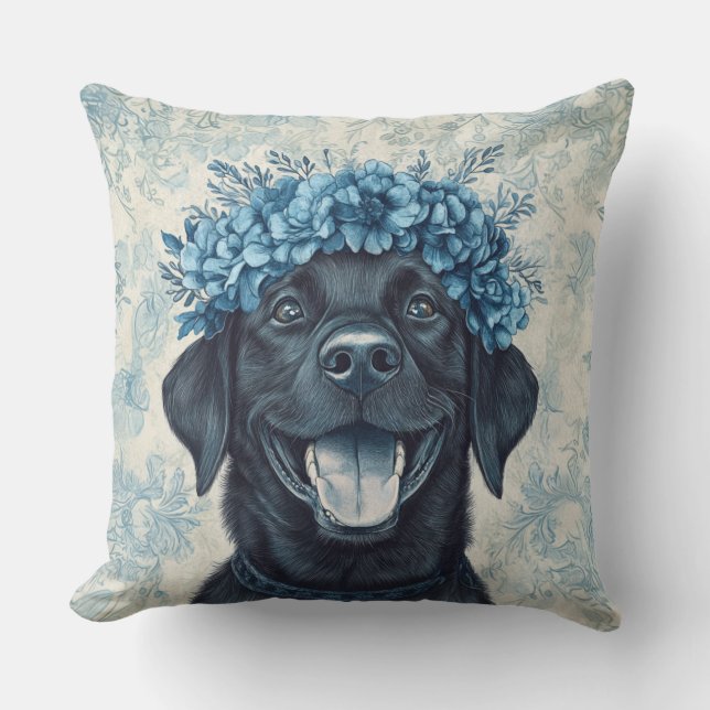 Black Labrador Retriever Blue Floral Cushion (Front)