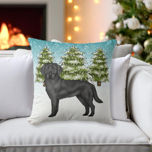 Black Labrador Retriever Blue Snowy Winter Forest Cushion