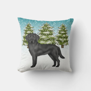 Black Labrador Retriever Blue Snowy Winter Forest Cushion