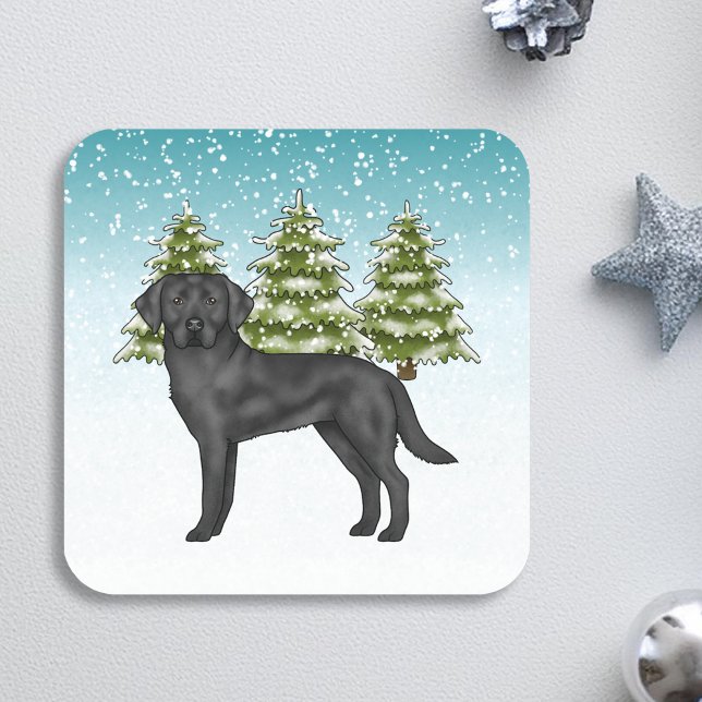 Black Labrador Retriever Blue Snowy Winter Forest Square Sticker (Creator Uploaded)
