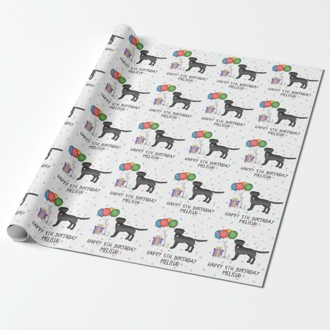 Black Labrador Retriever Cartoon Dog - Birthday Wrapping Paper (Unrolled)