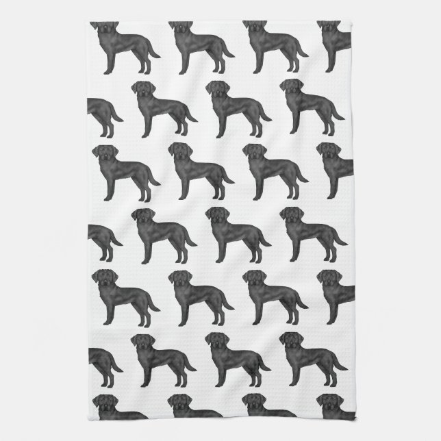 Black Labrador Retriever Cute Cartoon Dog Pattern Tea Towel (Vertical)