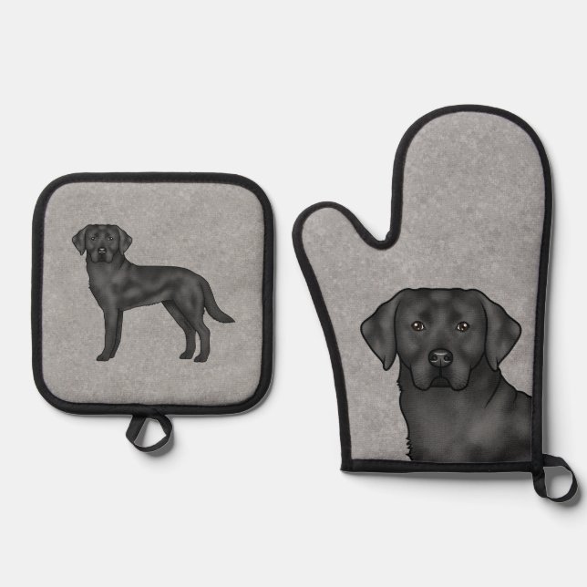 Black Labrador Retriever Cute Pet Dog Print Grey Oven Mitt & Pot Holder Set (Front)