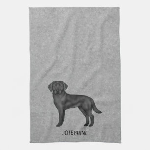 Black Labrador Retriever Dog And Custom Name Grey Tea Towel