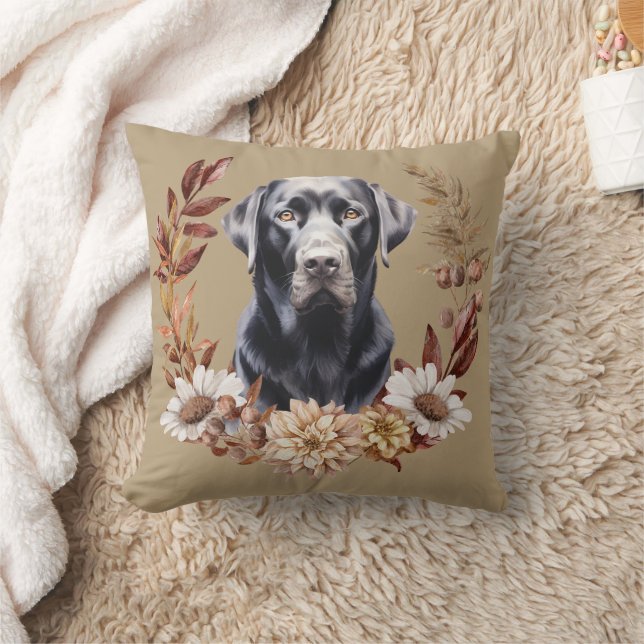 Black Labrador Retriever Dog Autumn Wreath Cushion (Blanket)