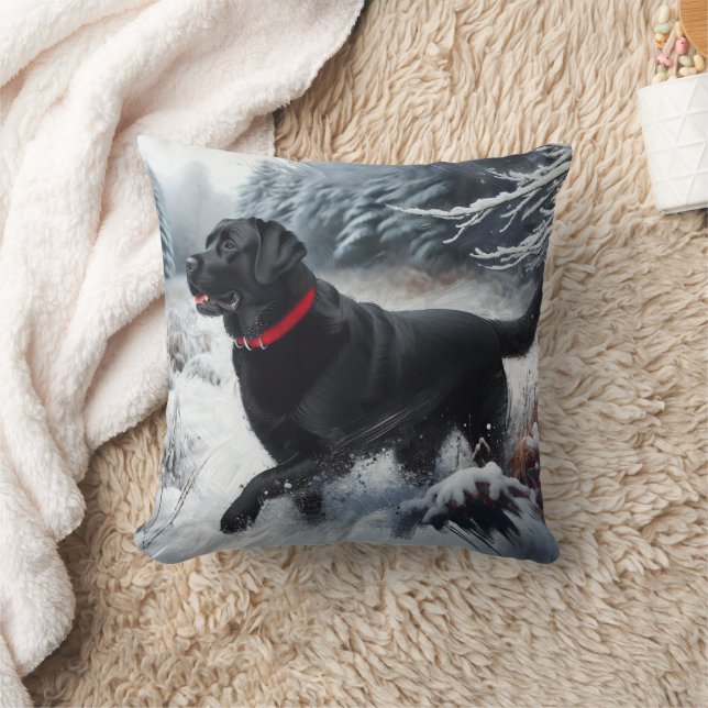 Black Labrador Retriever Dog in Snow Throw Pillow (Blanket)