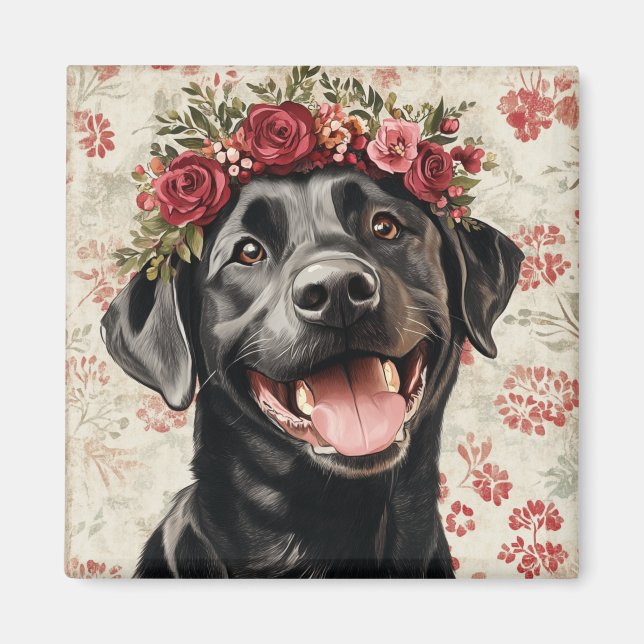 Black Labrador Retriever Dog Red Floral Kitchen Magnet (Front)