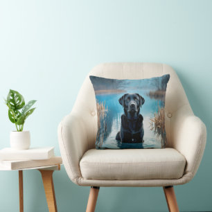 Black Labrador Retriever In Lake Water Cushion