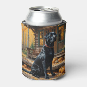 Black Labrador Retriever Log Cabin Autumn Can Cooler