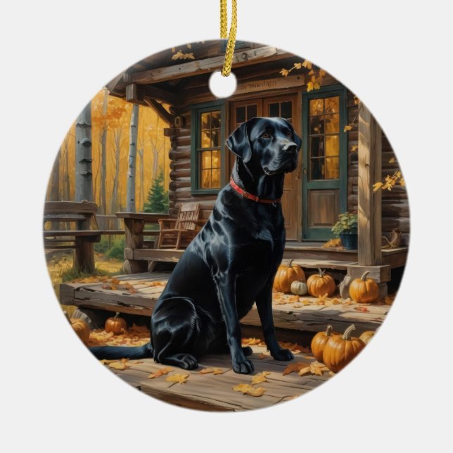 Black Labrador Retriever Log Cabin Autumn Ceramic Tree Decoration (Front)